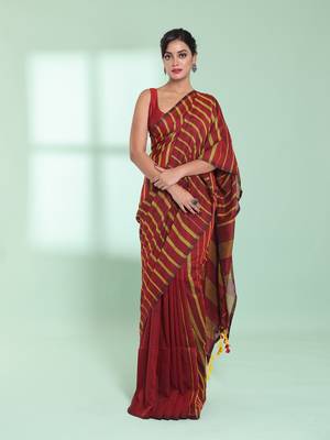 Dark red cotton saree with stripes pattern 1