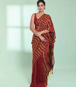 Dark red cotton saree with stripes pattern