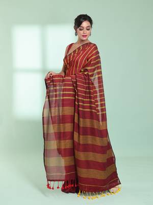 Dark red cotton saree with stripes pattern 2