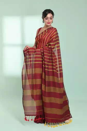 Dark red cotton saree with stripes pattern