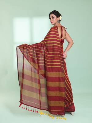 Dark red cotton saree with stripes pattern 3