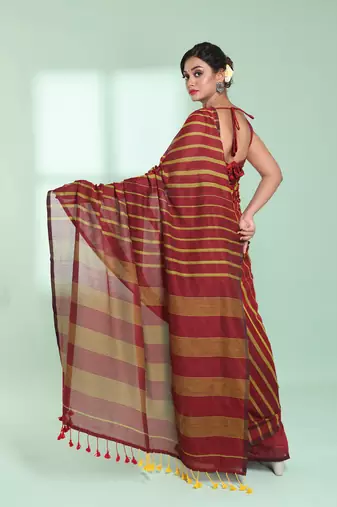 Dark red cotton saree with stripes pattern