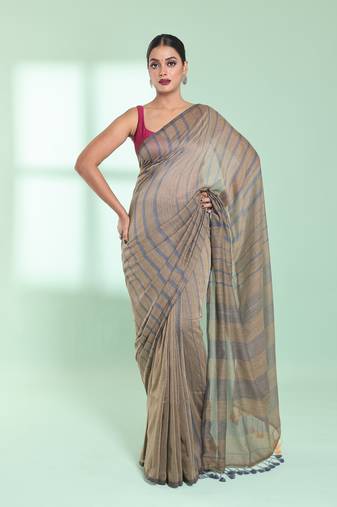 Light ecru cotton saree with stripes pattern