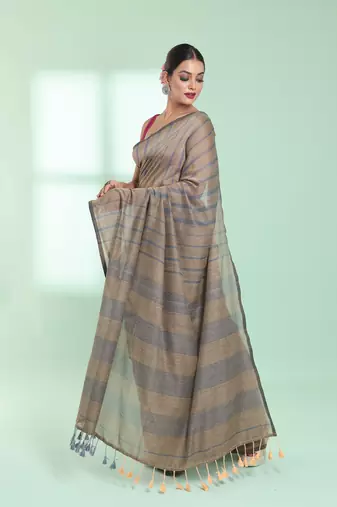 Light ecru cotton saree with stripes pattern