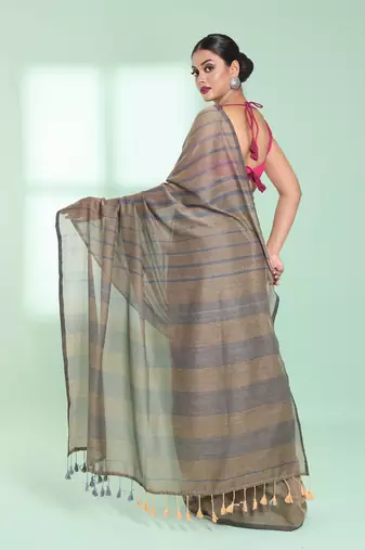 Light ecru cotton saree with stripes pattern