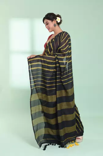 Black cotton saree with stripes pattern