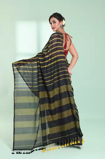 Black cotton saree with stripes pattern