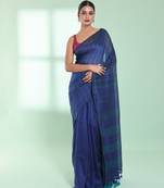 Blue cotton saree with stripes pattern