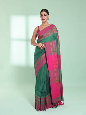 Green cotton saree with zari border 1