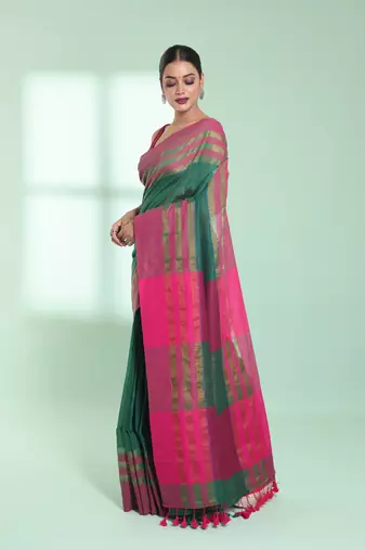 Green cotton saree with zari border
