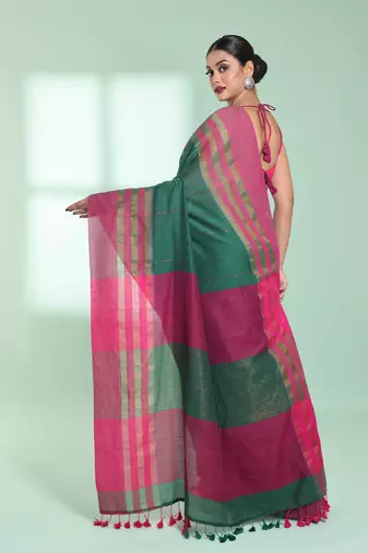 Green cotton saree with zari border