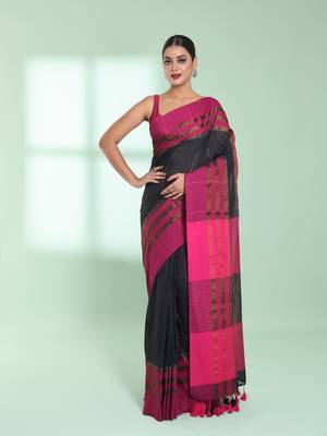 Black cotton saree with zari border 1
