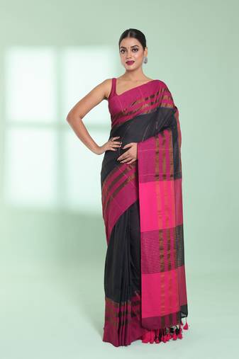 Black cotton saree with zari border