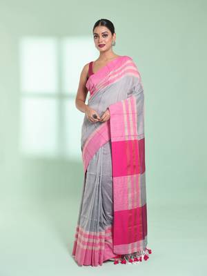 Steel grey cotton saree with zari border 1