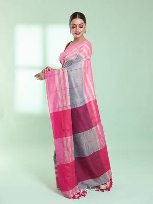 Steel grey cotton saree with zari border 2