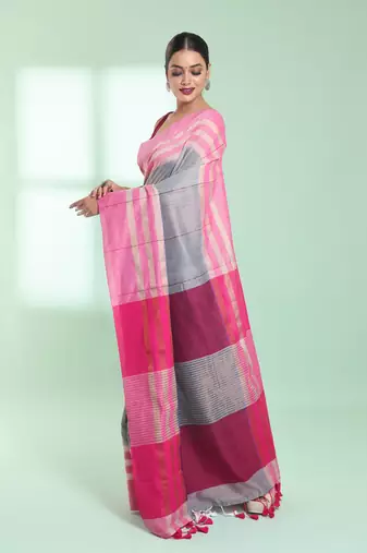 Steel grey cotton saree with zari border