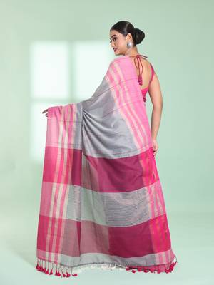 Steel grey cotton saree with zari border 3