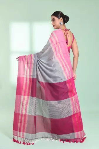 Steel grey cotton saree with zari border