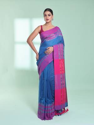 Sapphire blue cotton saree with zari border 1