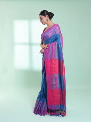 Sapphire blue cotton saree with zari border 2