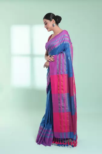 Sapphire blue cotton saree with zari border