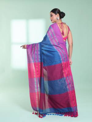 Sapphire blue cotton saree with zari border 3
