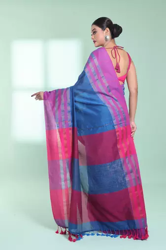 Sapphire blue cotton saree with zari border