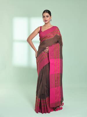 Brown cotton saree with zari border 1