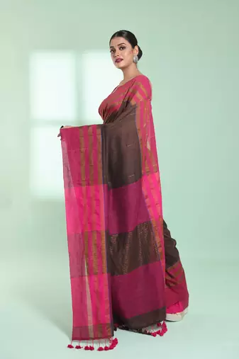 Brown cotton saree with zari border