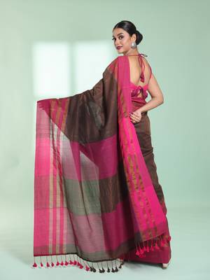 Brown cotton saree with zari border 3