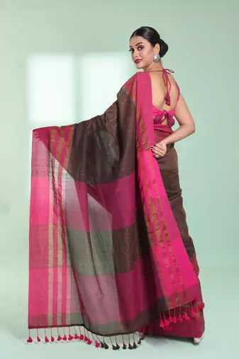 Brown cotton saree with zari border