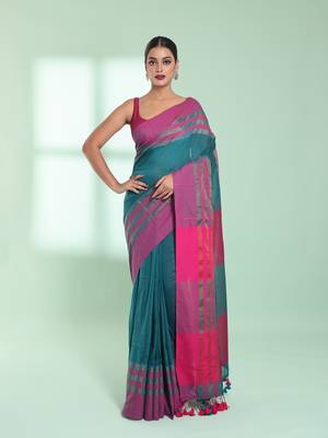 Teal cotton saree with zari border 1