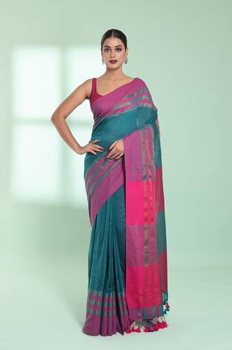 Teal cotton saree with zari border