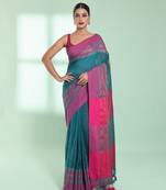 Teal cotton saree with zari border