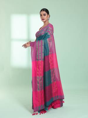 Teal cotton saree with zari border 2
