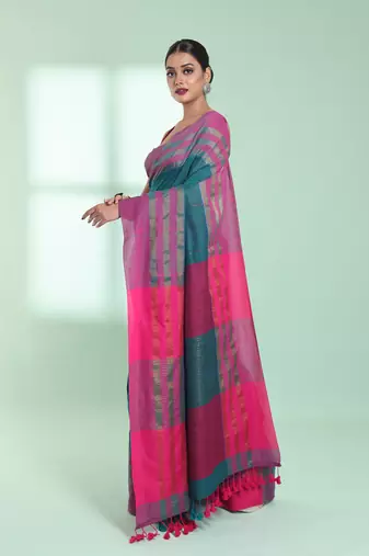 Teal cotton saree with zari border