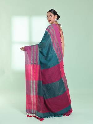 Teal cotton saree with zari border 3