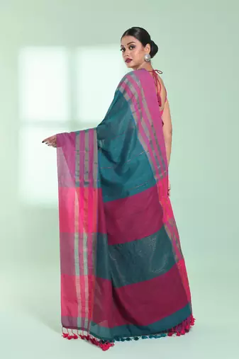 Teal cotton saree with zari border