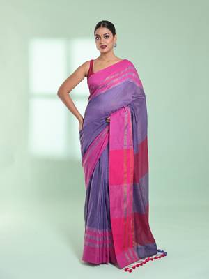 Violet cotton saree with zari border 1
