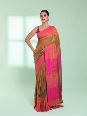 Mustard cotton saree with zari border 1