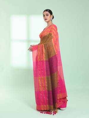 Mustard cotton saree with zari border 2