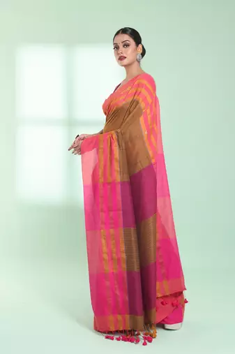 Mustard cotton saree with zari border