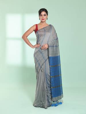 Steel grey cotton saree with zari stripes 1