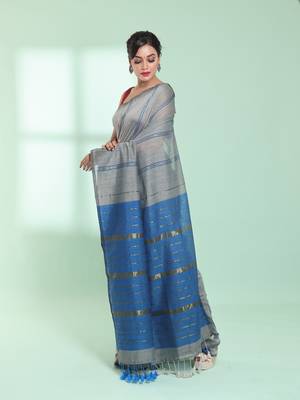 Steel grey cotton saree with zari stripes 2