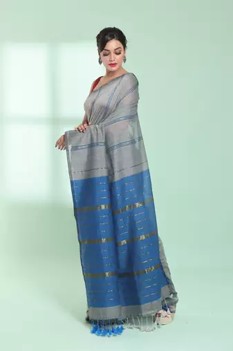 Steel grey cotton saree with zari stripes