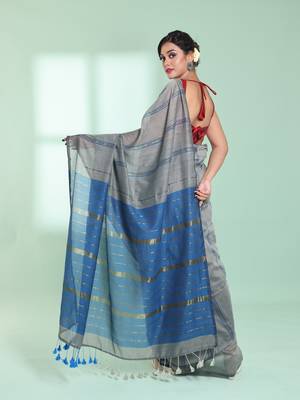 Steel grey cotton saree with zari stripes 3