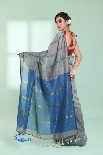 Steel grey cotton saree with zari stripes