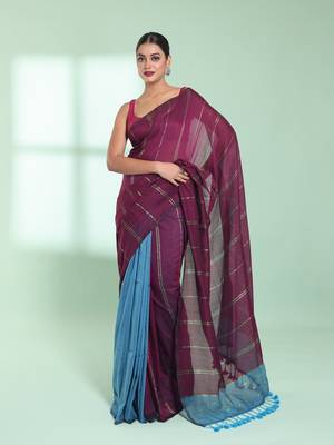 Dark purple half & half cotton saree with zari stripes 1