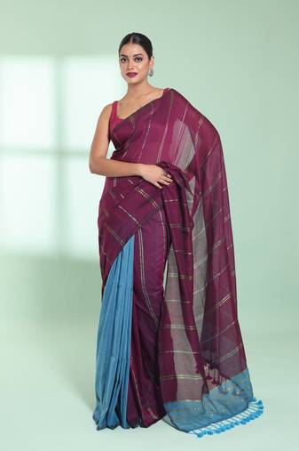 Dark purple half & half cotton saree with zari stripes
