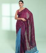Dark purple half & half cotton saree with zari stripes